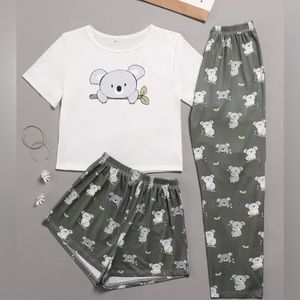 3pcs cartoon print pajamas from Shein. Print tee, shorts and pants.
